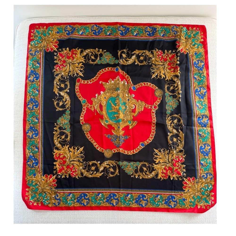 Symphony Scarfs Vtg Baroque Crest Square Scarf Red Black Gold Old Money No Tag